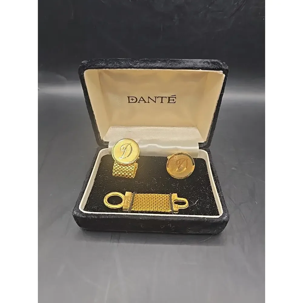 Mens Dante Gold Tone Cufflink Tie Tack Set 